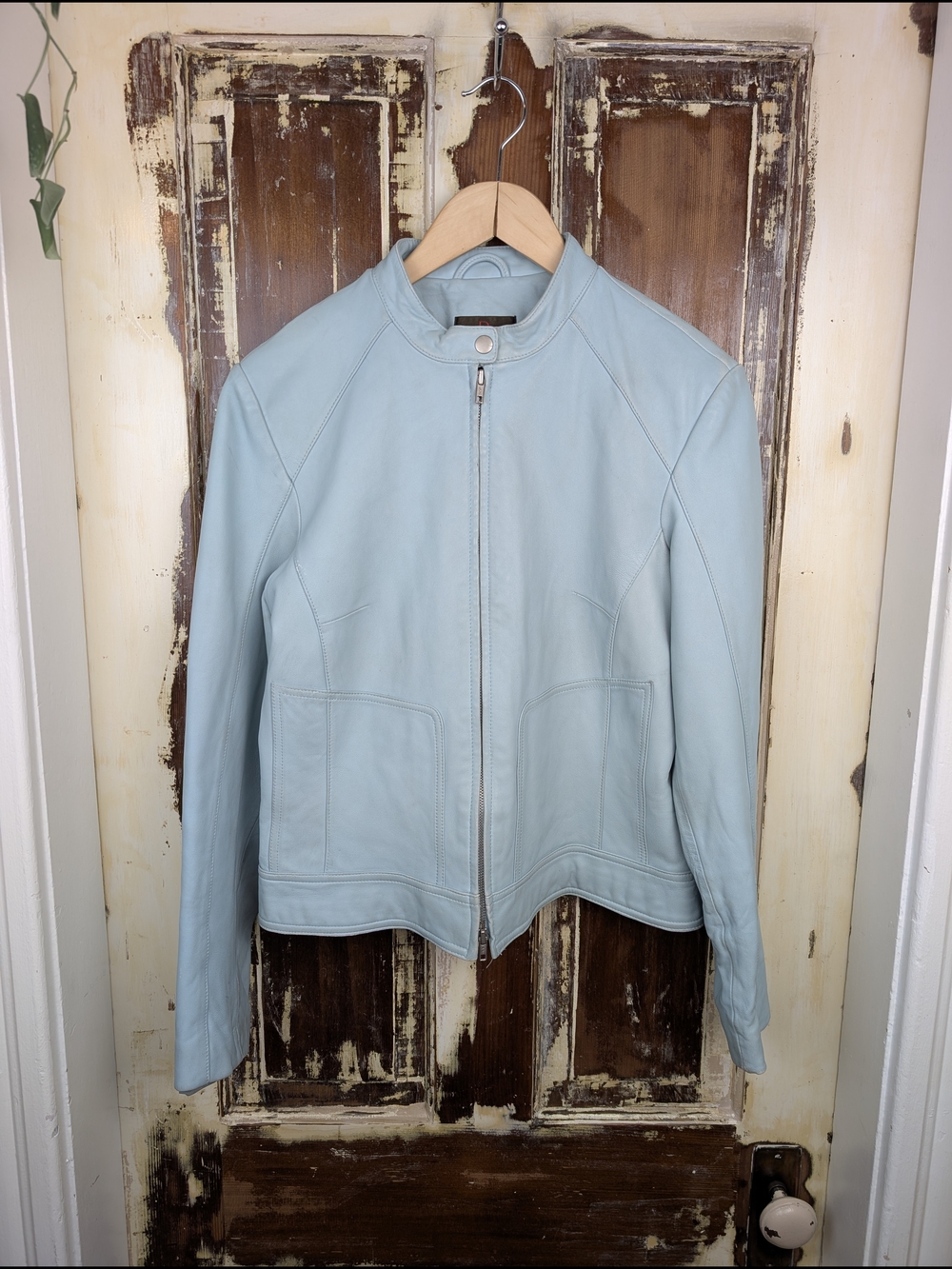 Vintage Y2K Danier Baby Blue Leather Moto Jacket L Cropped Pastel Biker
